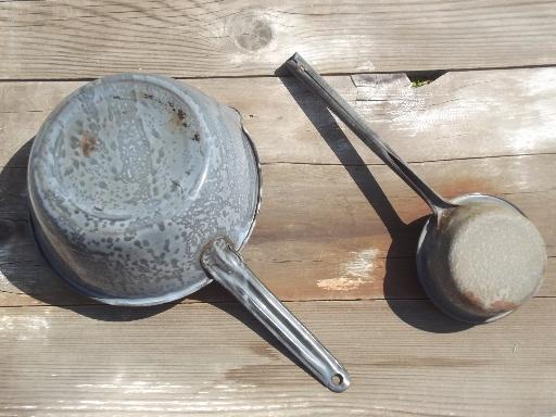 photo of vintage grey granite ware dipper ladle & pan, old camping enamelware  #7