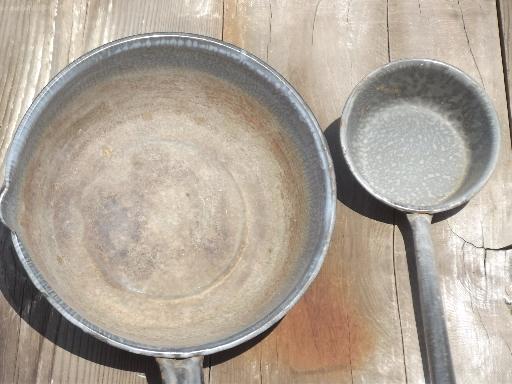 photo of vintage grey granite ware dipper ladle & pan, old camping enamelware  #8
