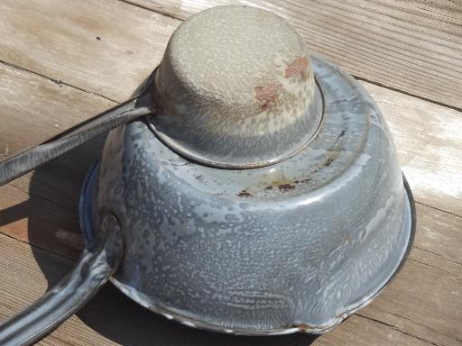 photo of vintage grey granite ware dipper ladle & pan, old camping enamelware  #9