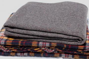 catalog photo of vintage grey & plaid wool camp blanket lot, rustic primitive old wool blankets