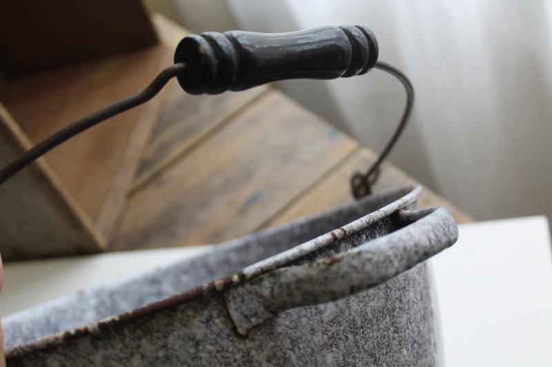 photo of vintage grey spatterware enamel graniteware pot w/ bail handle, campfire soup kettle #8