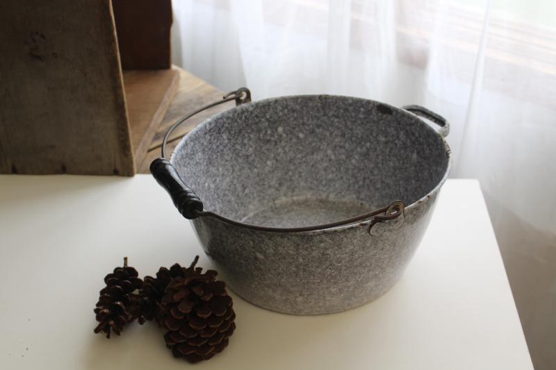 photo of vintage grey spatterware enamel graniteware pot w/ bail handle, campfire soup kettle #9