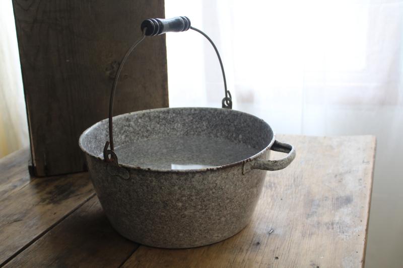 photo of vintage grey spatterware enamel graniteware pot w/ bail handle, campfire soup kettle #10