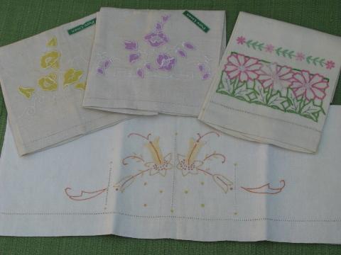 photo of vintage guest towels w/ madeira embroidery and labels, linen towel lot #1