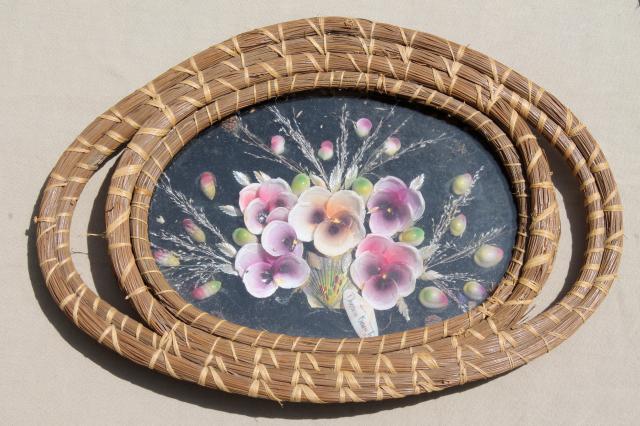 photo of vintage gulf coast souvenirs, seashell flower pictures in pine needle basket tray frames #2