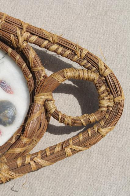 photo of vintage gulf coast souvenirs, seashell flower pictures in pine needle basket tray frames #7