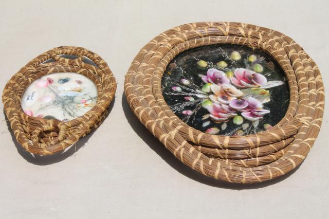 photo of vintage gulf coast souvenirs, seashell flower pictures in pine needle basket tray frames #8