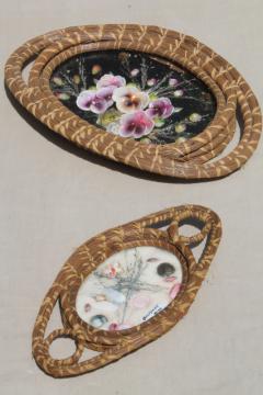 catalog photo of vintage gulf coast souvenirs, seashell flower pictures in pine needle basket tray frames