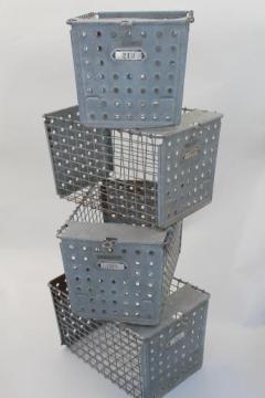 catalog photo of vintage gym locker basket lot, industrial galvanized wire baskets w/ numbers