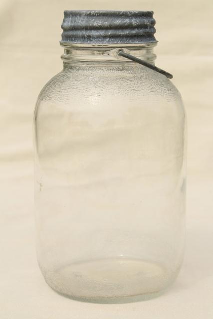 photo of vintage half gallon pickle jar w/ wire handle, 2 qt Ball #5 Duraglas type clear glass #1