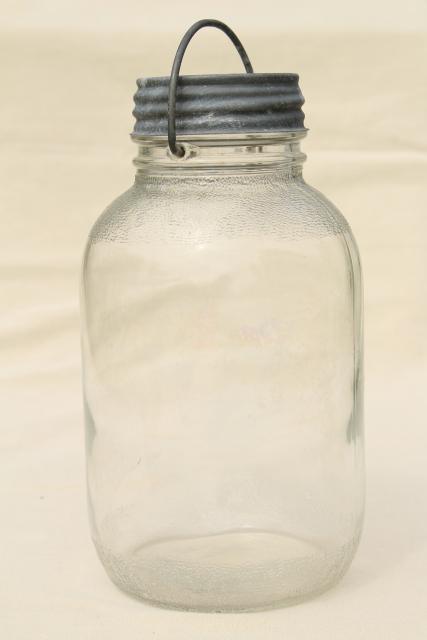 photo of vintage half gallon pickle jar w/ wire handle, 2 qt Ball #5 Duraglas type clear glass #2