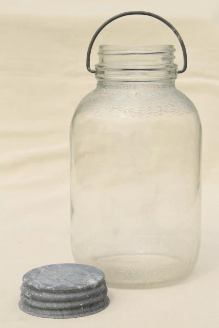 photo of vintage half gallon pickle jar w/ wire handle, 2 qt Ball #5 Duraglas type clear glass #3