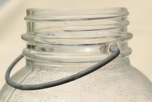 photo of vintage half gallon pickle jar w/ wire handle, 2 qt Ball #5 Duraglas type clear glass #4