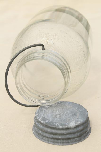 photo of vintage half gallon pickle jar w/ wire handle, 2 qt Ball #5 Duraglas type clear glass #5