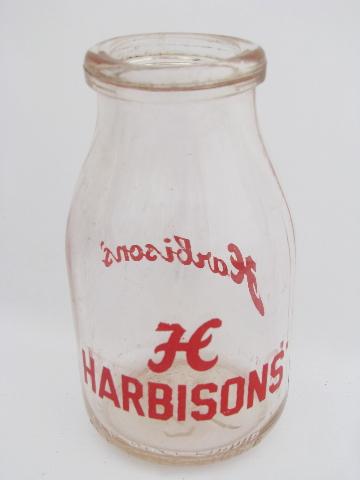 photo of vintage half-pint glass milk bottle, old Harbisons Dairy advertising, Philadelphia #1