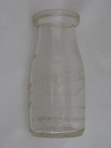 photo of vintage half-pint glass milk bottle, old Producers Dairy advertising, Elgin Illinois #1