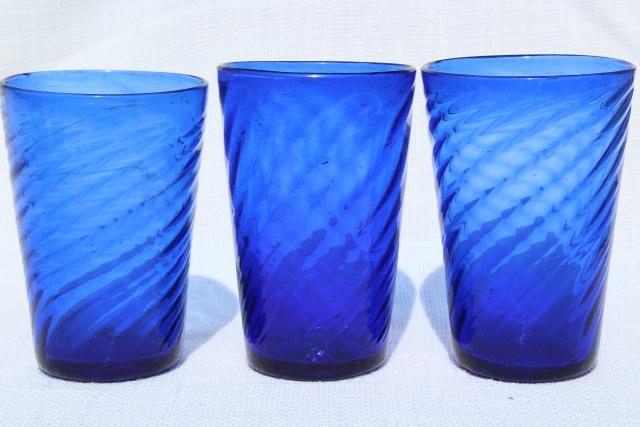 photo of vintage hand blown Mexican glass tumblers, cobalt blue swirl drinking glasses, 70s 80s retro #2