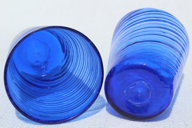 photo of vintage hand blown Mexican glass tumblers, cobalt blue swirl drinking glasses, 70s 80s retro #5