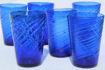 catalog photo of vintage hand blown Mexican glass tumblers, cobalt blue swirl drinking glasses, 70s 80s retro