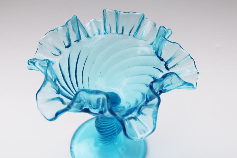 photo of vintage hand blown aqua glass candy dish, ruffled swirl pattern compote bowl #2