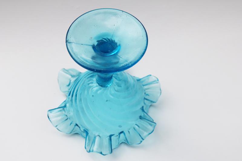 photo of vintage hand blown aqua glass candy dish, ruffled swirl pattern compote bowl #4