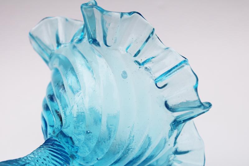 photo of vintage hand blown aqua glass candy dish, ruffled swirl pattern compote bowl #5