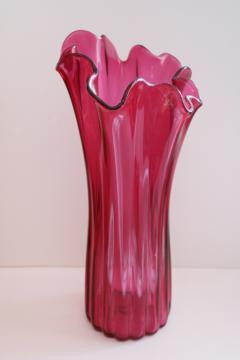 catalog photo of vintage hand blown art glass artist signed swung glass vase, pink cranberry glass