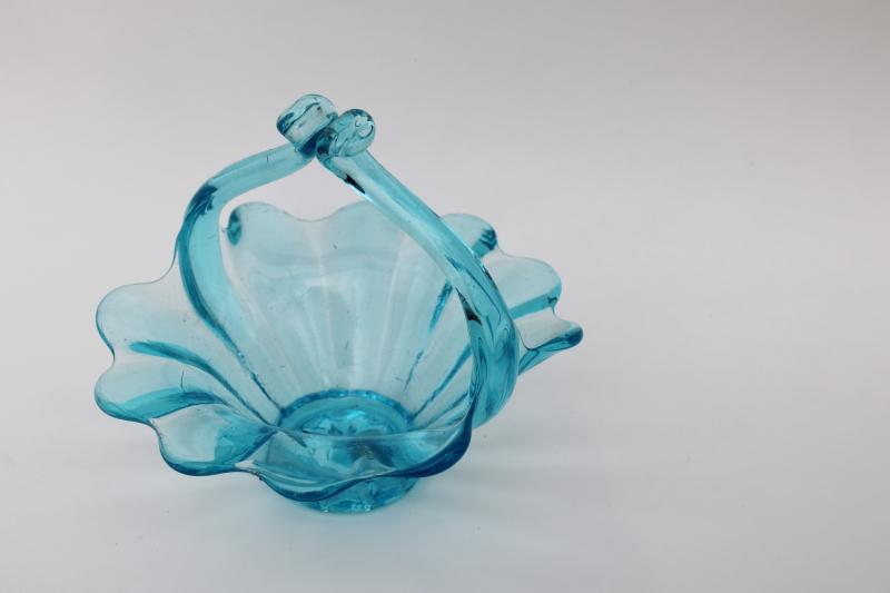 photo of vintage hand blown art glass basket, aqua blue crackle glass #1