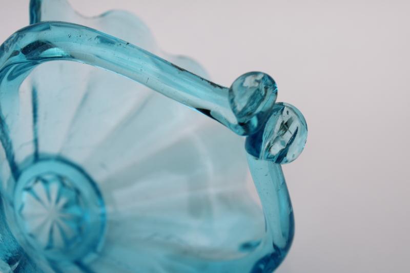 photo of vintage hand blown art glass basket, aqua blue crackle glass #2