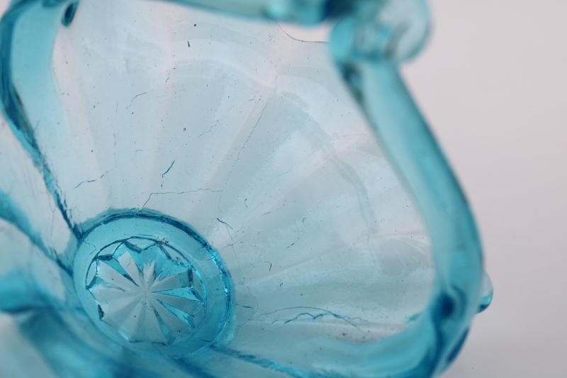 photo of vintage hand blown art glass basket, aqua blue crackle glass #3