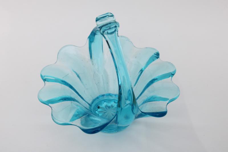 photo of vintage hand blown art glass basket, aqua blue crackle glass #5