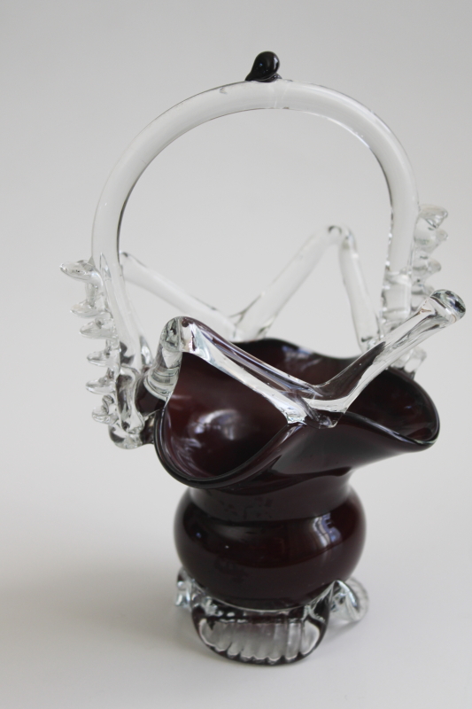 photo of vintage hand blown art glass basket, curvy shape w/ crazy angles, deep ruby red w/ clear glass #1