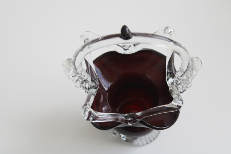 photo of vintage hand blown art glass basket, curvy shape w/ crazy angles, deep ruby red w/ clear glass #4