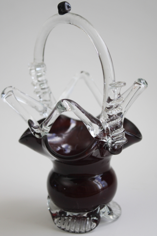 photo of vintage hand blown art glass basket, curvy shape w/ crazy angles, deep ruby red w/ clear glass #5