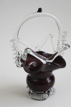 vintage hand blown art glass basket, curvy shape w/ crazy angles, deep ruby red w/ clear glass