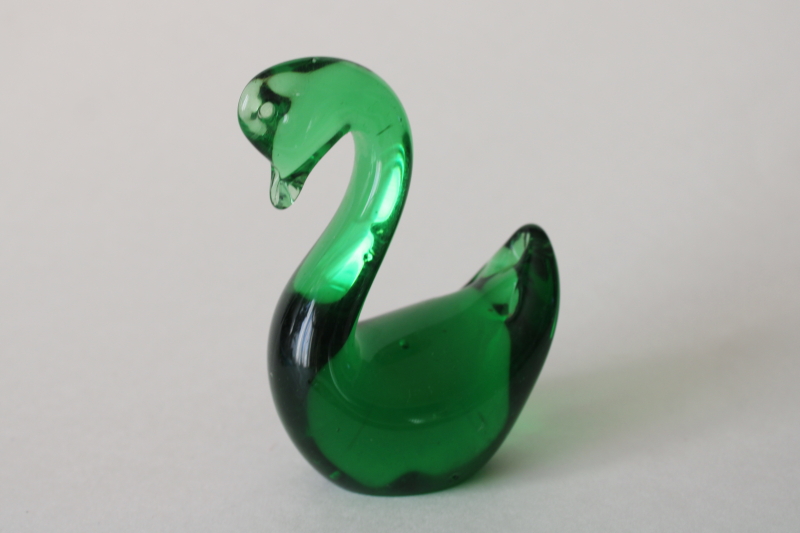 photo of vintage hand blown art glass paperweight, emerald green glass swan or goose  #1