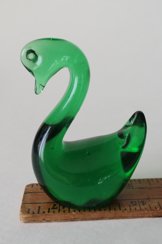 photo of vintage hand blown art glass paperweight, emerald green glass swan or goose  #5