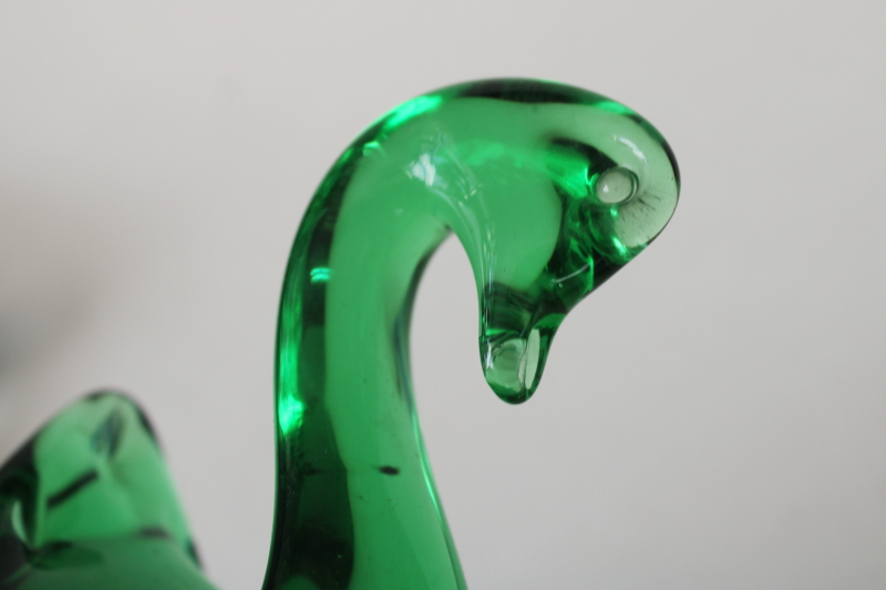 photo of vintage hand blown art glass paperweight, emerald green glass swan or goose  #6