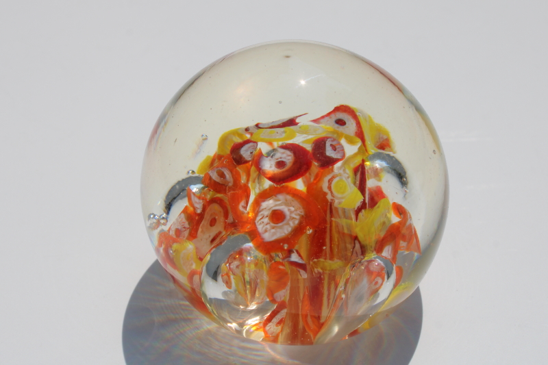 photo of vintage hand blown art glass paperweight, scrambled millefiori w/ controlled bubbles  #2