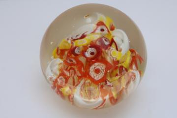 vintage hand blown art glass paperweight, scrambled millefiori w/ controlled bubbles 