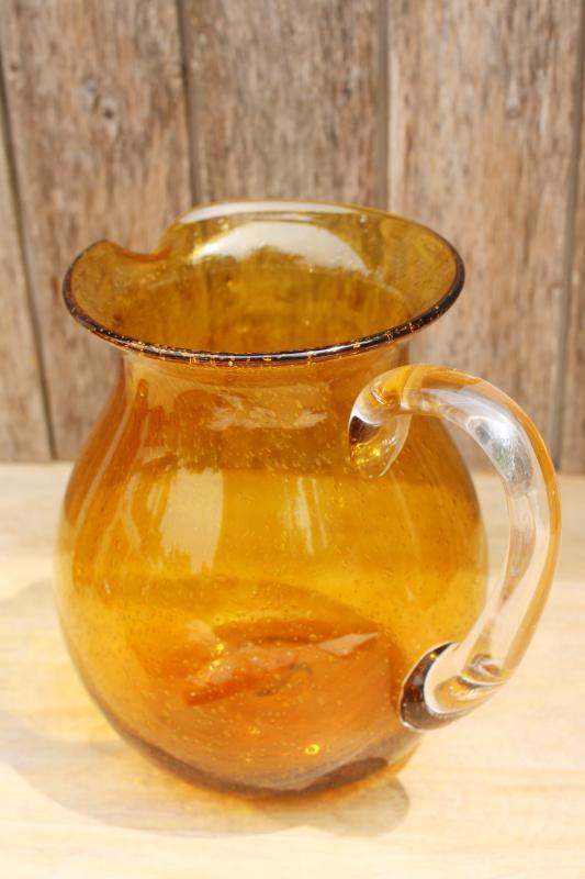 photo of vintage hand blown bubble glass pitcher, rustic golden brown amber glass jug #4