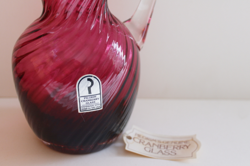 photo of vintage hand blown cranberry glass pitcher w/ beautiful deep pink red color, Pilgrim label #2
