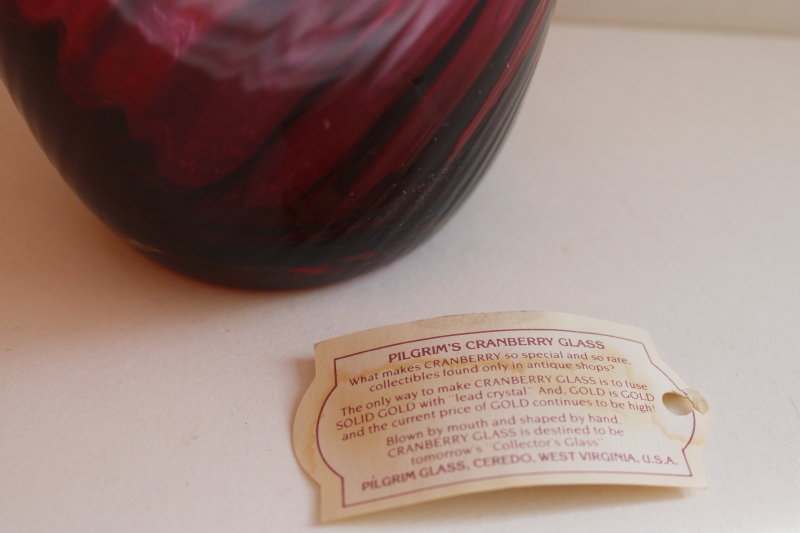 photo of vintage hand blown cranberry glass pitcher w/ beautiful deep pink red color, Pilgrim label #3