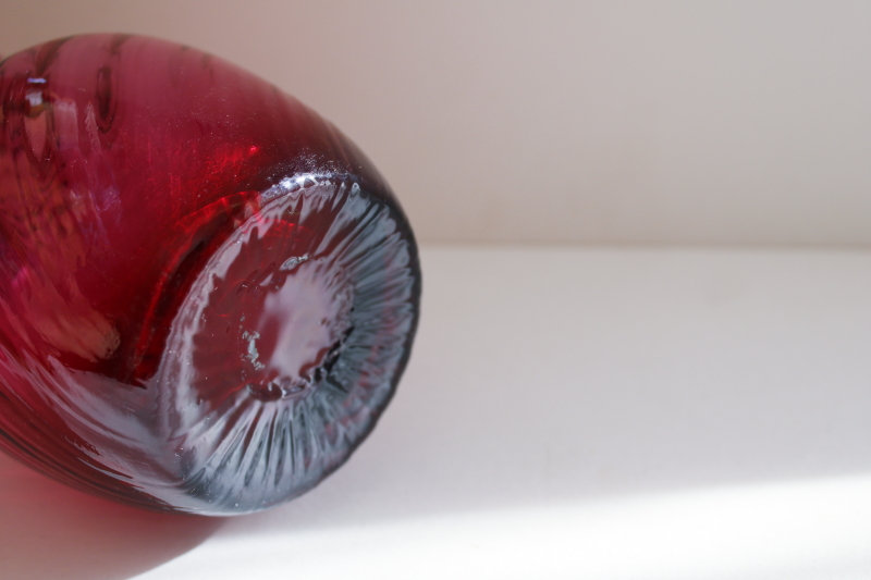 photo of vintage hand blown cranberry glass pitcher w/ beautiful deep pink red color, Pilgrim label #4