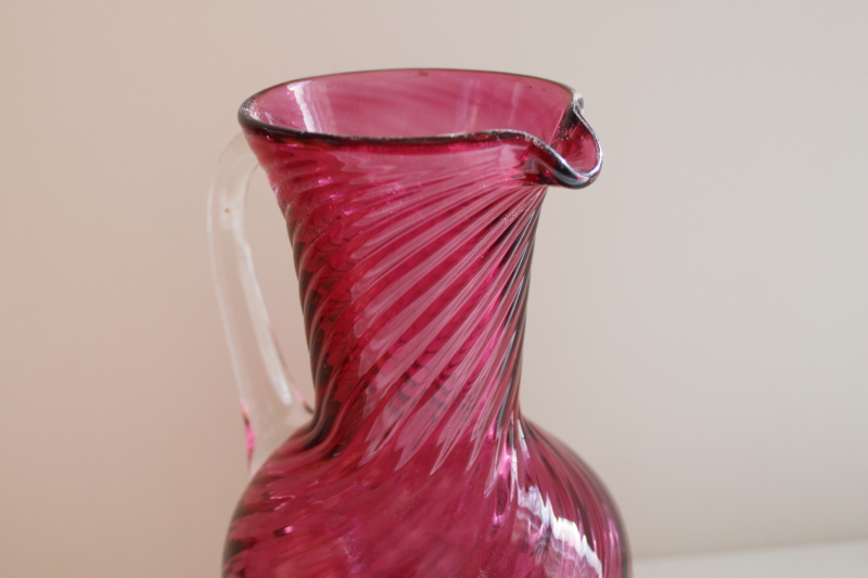 photo of vintage hand blown cranberry glass pitcher w/ beautiful deep pink red color, Pilgrim label #5
