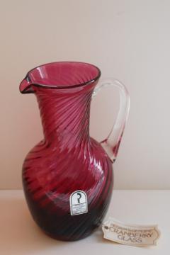 vintage hand blown cranberry glass pitcher w/ beautiful deep pink red color, Pilgrim label 
