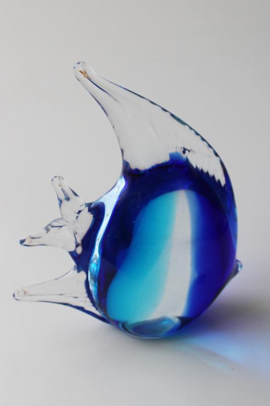 photo of vintage hand blown glass angel fish paperweight, blue wave crystal angelfish #1