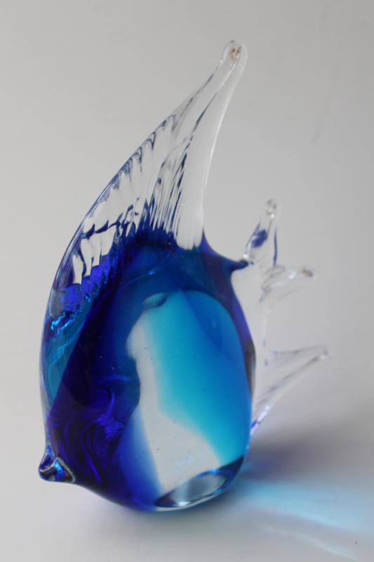 photo of vintage hand blown glass angel fish paperweight, blue wave crystal angelfish #2