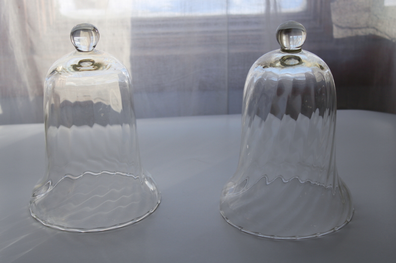 photo of vintage hand blown glass bell cloche display domes, swirl clear glass bells matching pair #1