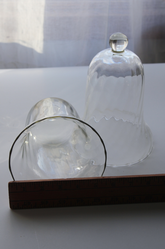 photo of vintage hand blown glass bell cloche display domes, swirl clear glass bells matching pair #3